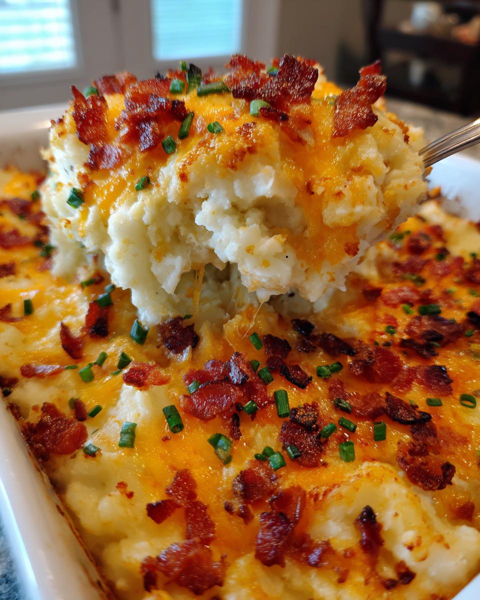 A spoonful of cheesy, baked loaded mashed potatoes topped with bacon bits and chives being lifted from a casserole dish.