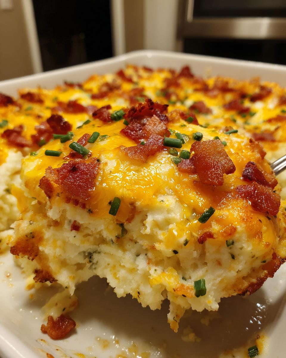 A spoonful of baked loaded mashed potatoes topped with melted cheddar cheese, bacon bits, and chives.