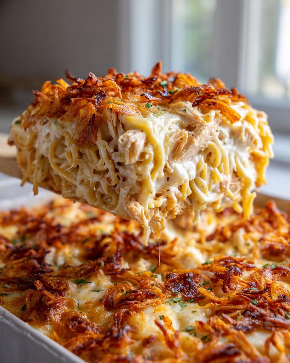 A large serving spoon lifts a cheesy, creamy portion of monterey chicken spaghetti topped with crispy fried onions.