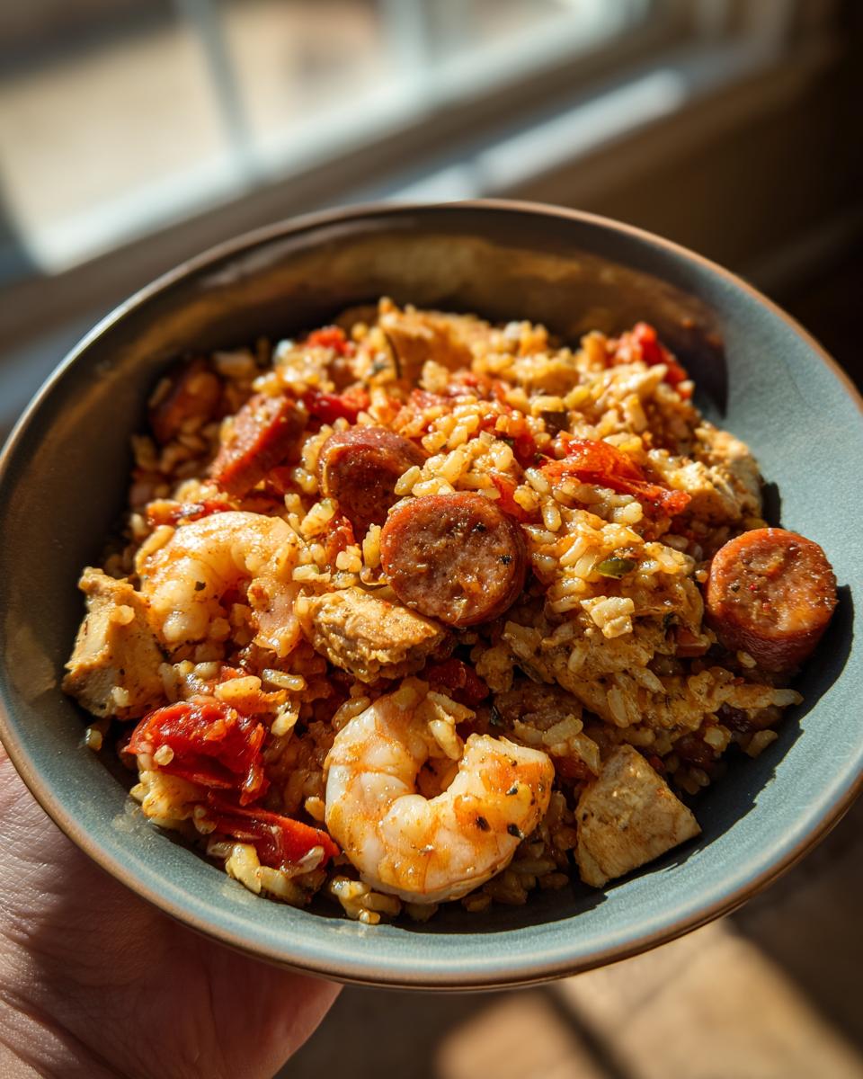 A close-up view of a bowl filled with savory jambalaya, featuring shrimp, andouille sausage slices, and chicken.