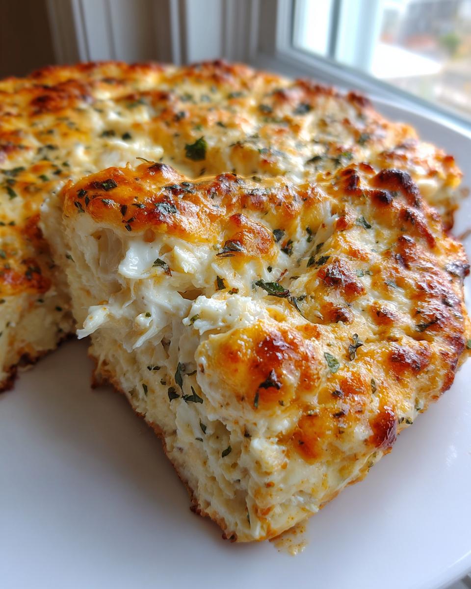 A close-up of a serving slice being lifted from a baked hot crab dip, showing creamy interior and browned, cheesy topping.
