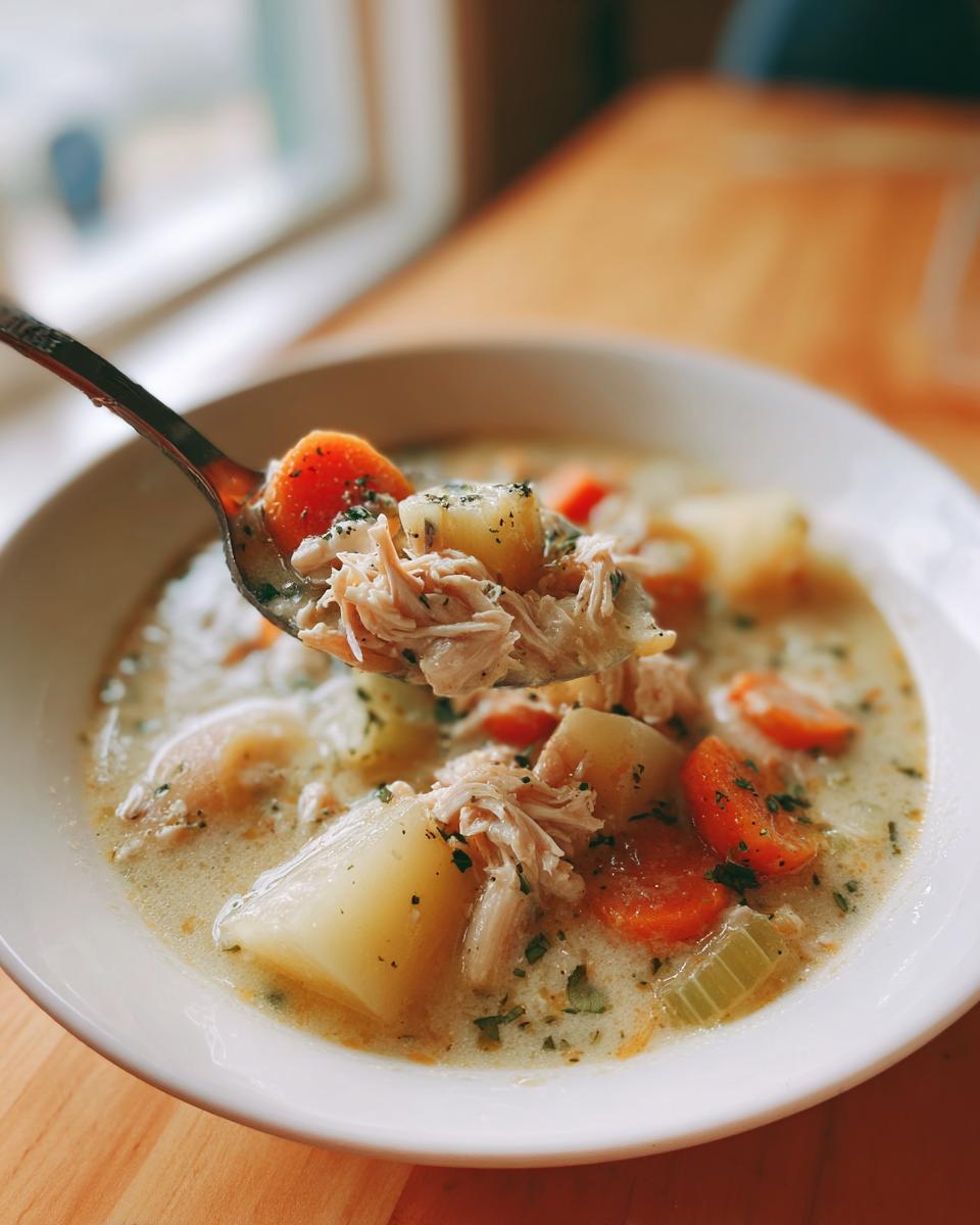 A spoonful of creamy slow cooker chicken stew featuring shredded chicken, potatoes, and carrots being lifted from a white bowl.