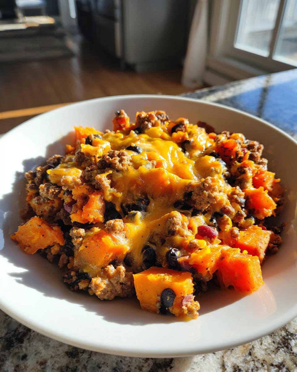 A close-up of a white bowl filled with a savory sweet potato skillet mixture, featuring chunks of orange sweet potato, ground meat, black beans, and melted cheddar cheese.