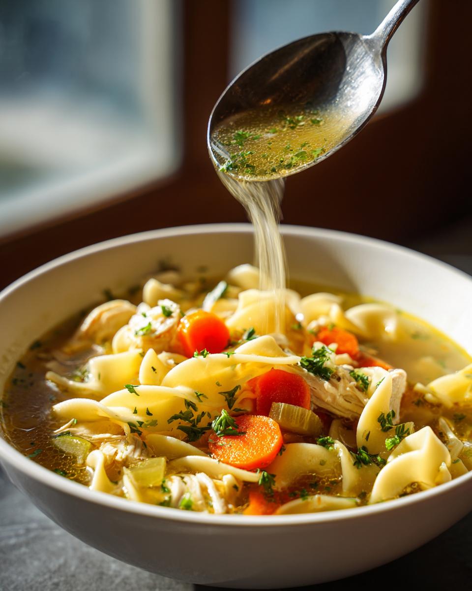 A spoonful of broth is being poured into a bowl of hearty turkey noodle soup with carrots and herbs.
