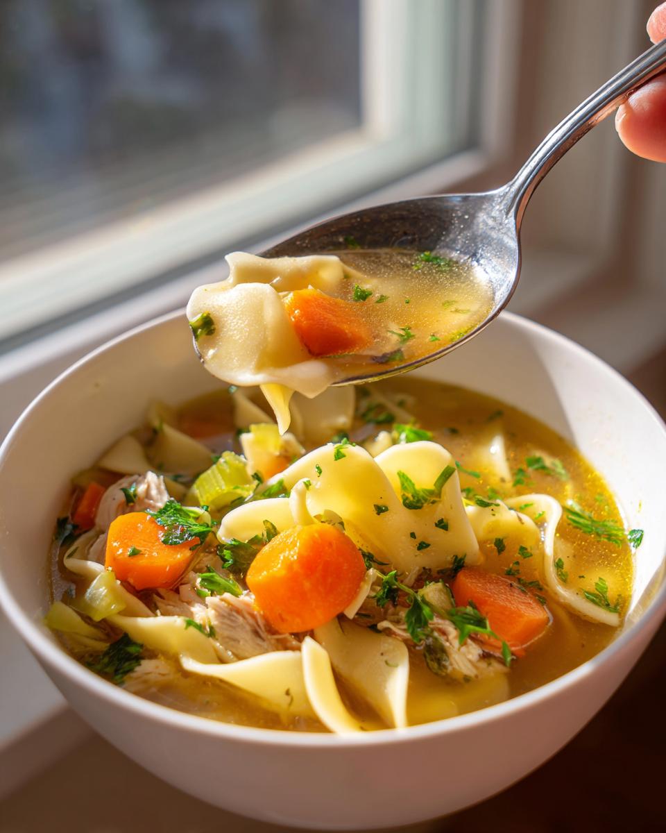 A spoonful of rich turkey noodle soup, featuring egg noodles, bright carrots, and herbs, lifted from a white bowl.