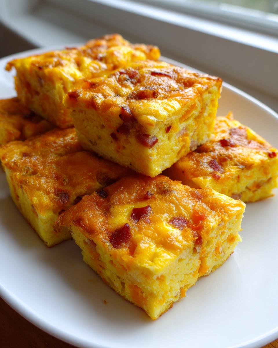 Stack of golden baked portions of sheet pan eggs mixed with bacon and cheese on a white plate.
