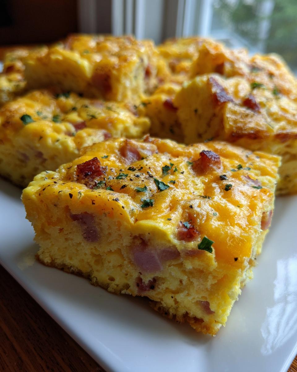 A close-up of a square portion of baked sheet pan eggs mixed with ham chunks and topped with melted cheddar cheese and parsley.