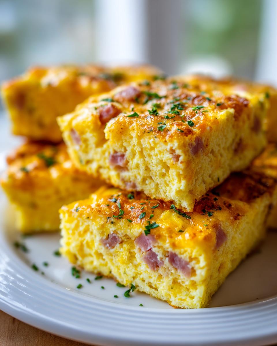 Close-up of stacked, fluffy portions of sheet pan eggs mixed with diced ham and topped with parsley.
