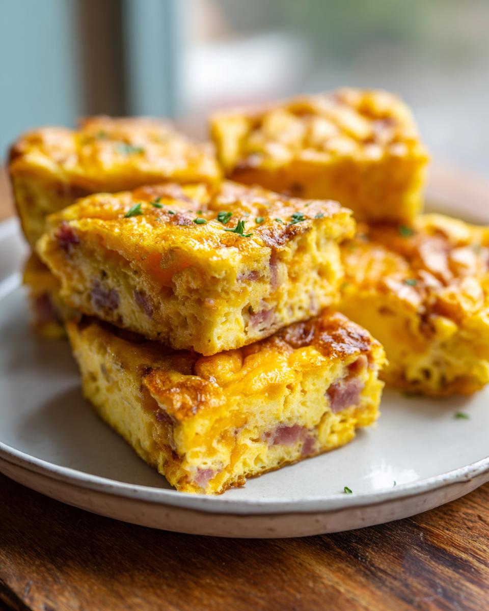 Close-up of stacked, golden-brown squares of sheet pan eggs mixed with ham, garnished with parsley.