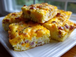 Close-up of several square portions of baked sheet pan eggs topped with melted cheddar cheese and bits of bacon.