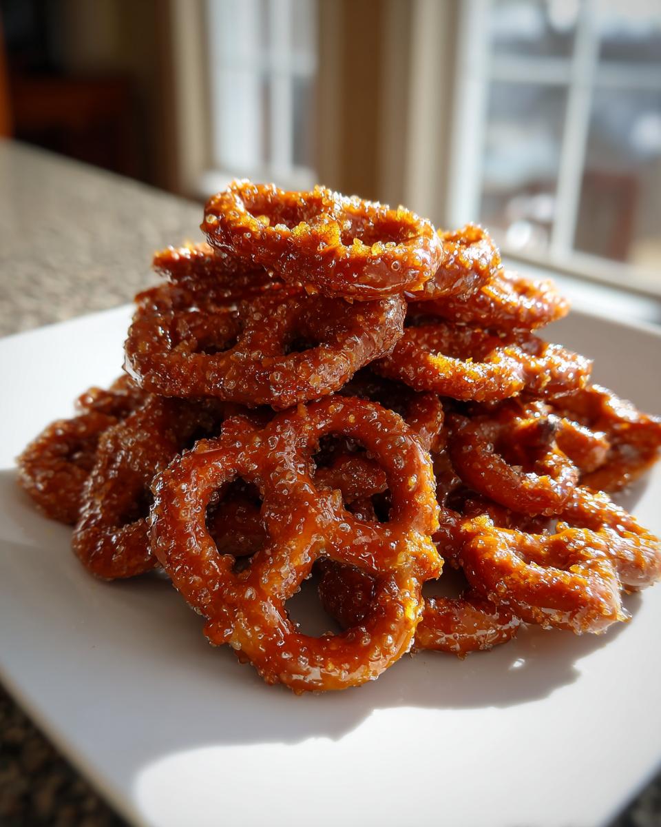 A close-up of a mound of shiny, caramelized toffee pretzels stacked on a white plate.