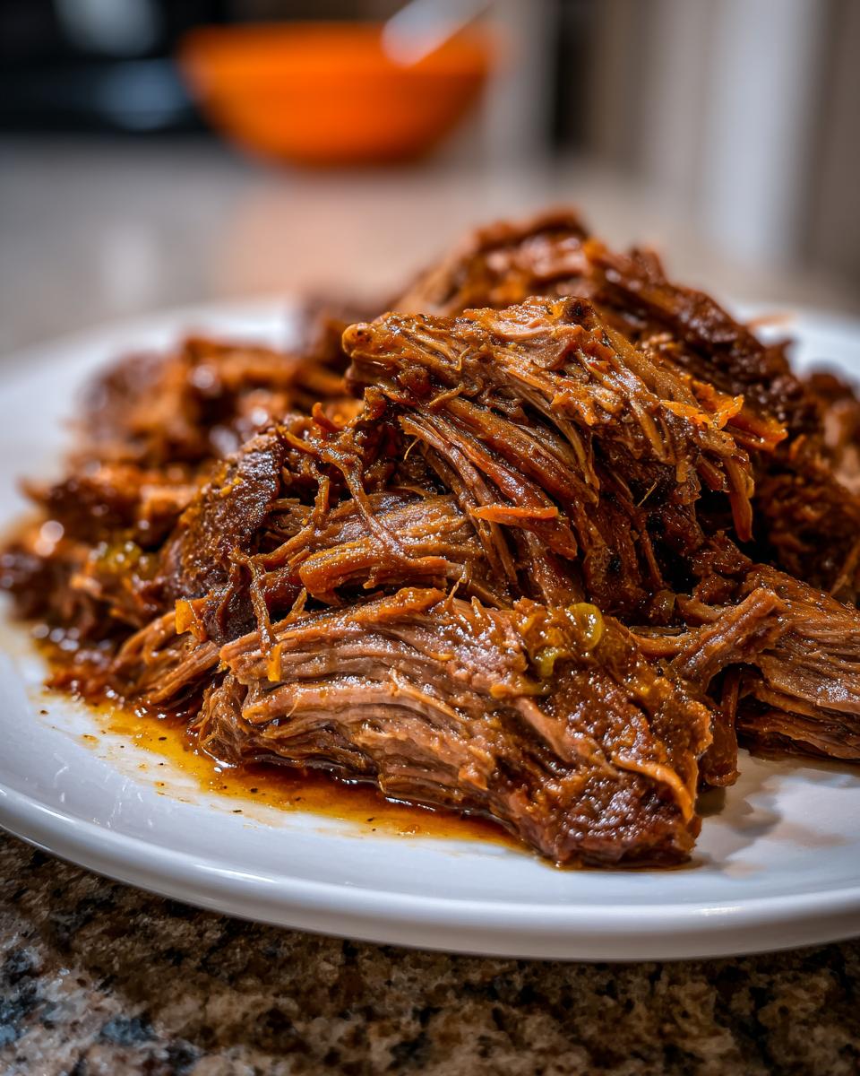 A close-up of tender, shredded Mississippi pot roast piled high on a white plate, glistening with savory juices.