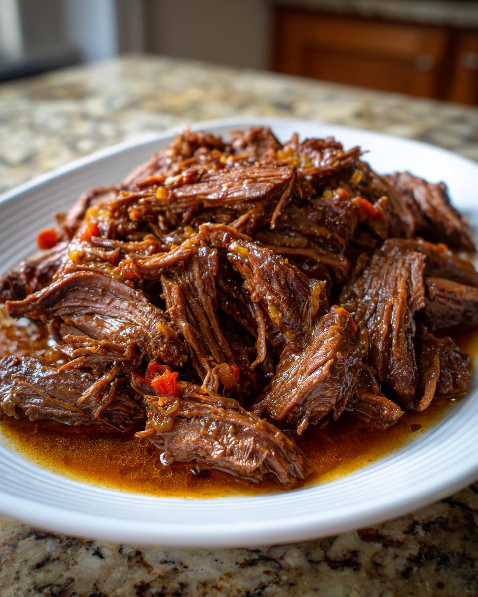 Close-up of tender, shredded Mississippi pot roast piled high on a white platter with rich gravy.