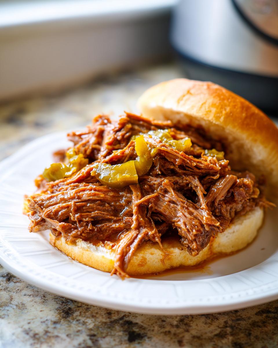 A delicious sandwich featuring shredded Mississippi pot roast piled high on a soft bun with pepperoncini slices.