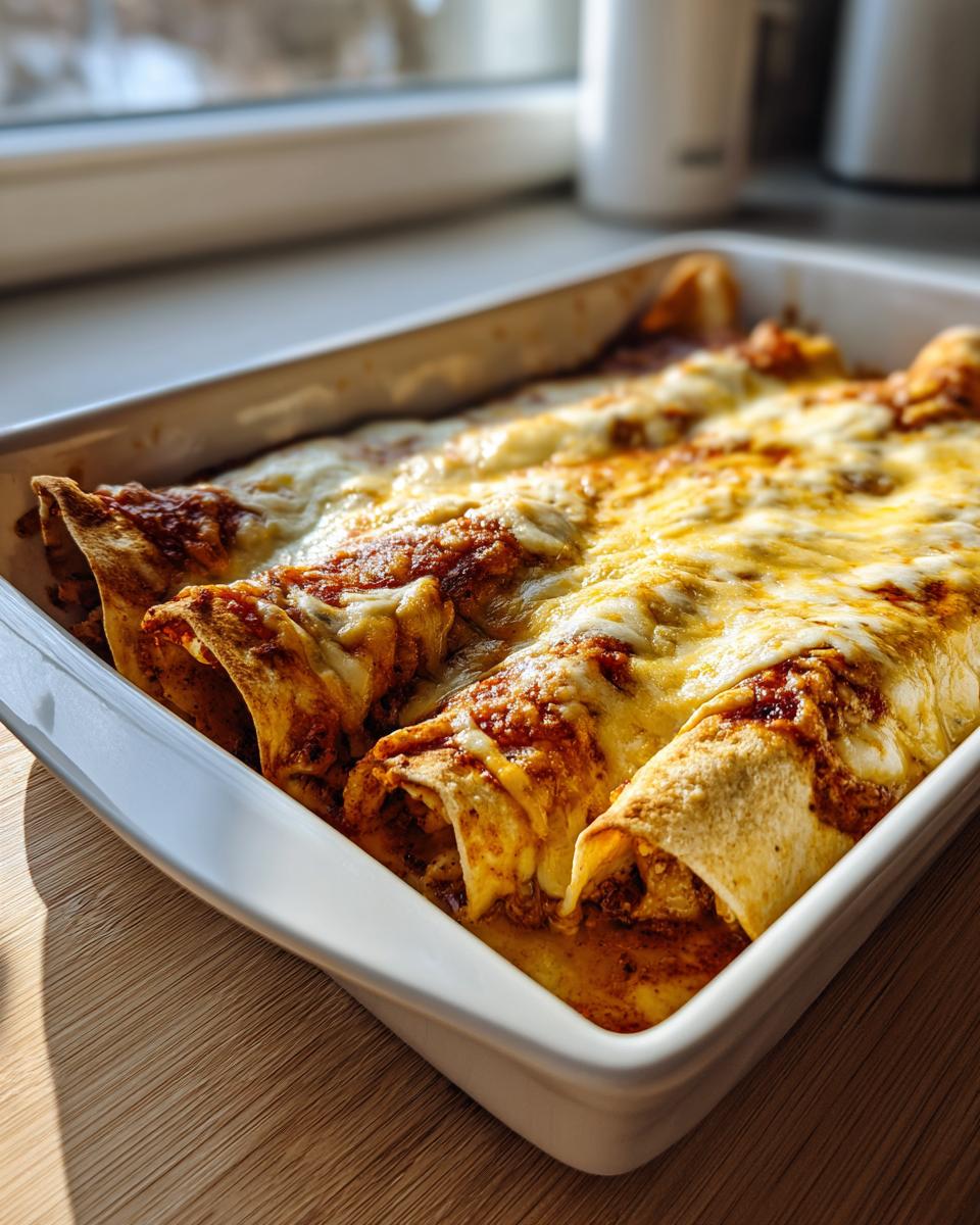 A white baking dish filled with freshly baked shrimp enchiladas covered in red sauce and melted cheese.