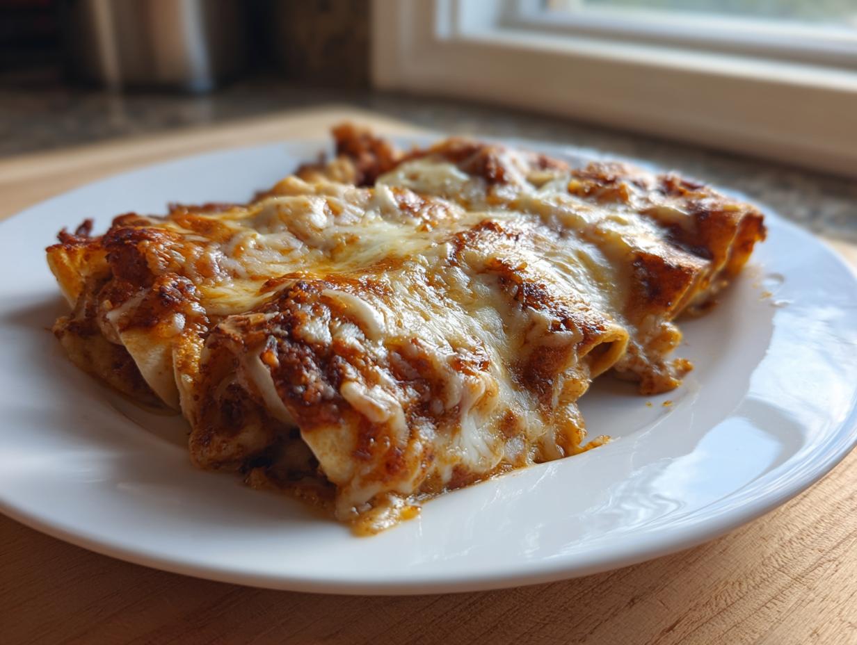 A close-up of cheesy, baked shrimp enchiladas served on a white plate, ready to eat.