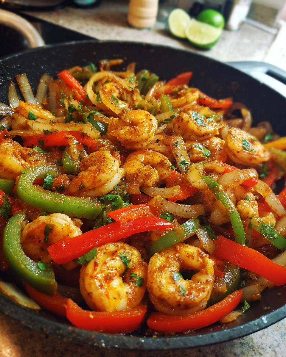 Close-up of seasoned shrimp fajitas with colorful bell peppers and onions sizzling in a black skillet.