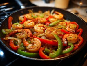 Close-up of seasoned shrimp mixed with vibrant red and green bell peppers and onions cooking in a black skillet for shrimp fajitas.