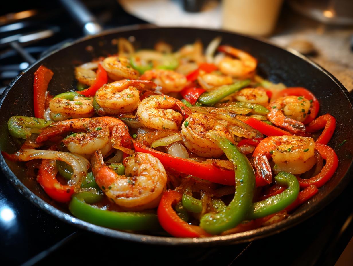 Close-up of seasoned shrimp mixed with vibrant red and green bell peppers and onions cooking in a black skillet for shrimp fajitas.