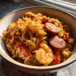 A close-up, appetizing shot of shrimp and sliced sausage mixed into savory rice, featuring a delicious jambalaya.