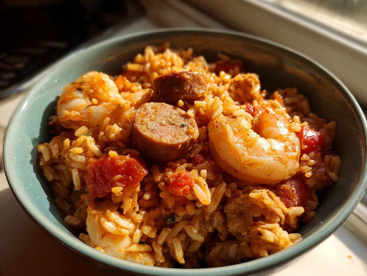 A close-up, sunlit bowl of flavorful shrimp and sausage jambalaya with rice and tomatoes.