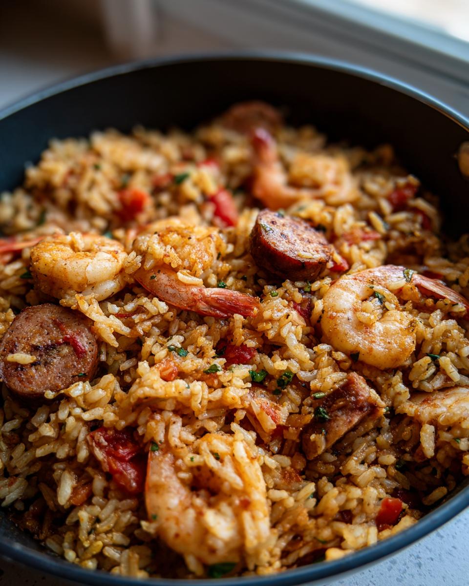 Close-up of flavorful shrimp and sliced andouille sausage mixed into rice for authentic jambalaya.