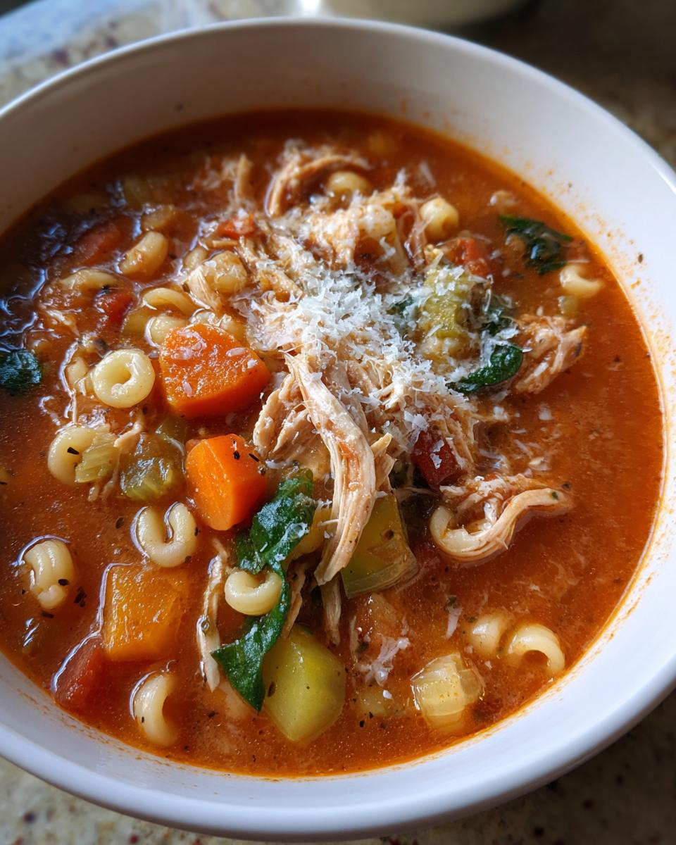 A close-up view of a bowl of rich, tomato-based Sicilian chicken soup topped with shredded chicken, vegetables, and grated Parmesan cheese.