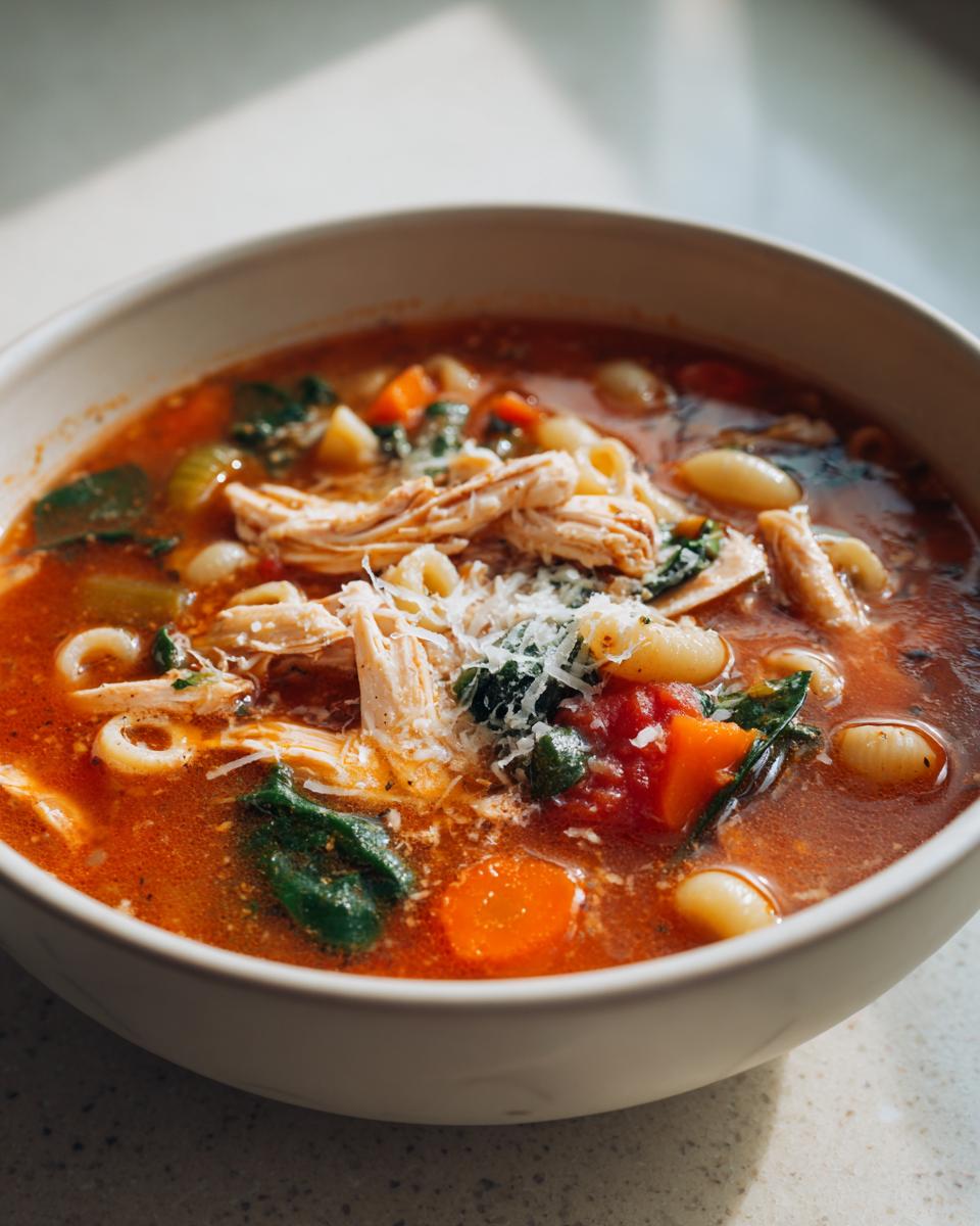 A close-up of a bowl of rich, red Sicilian chicken soup topped with shredded chicken, white beans, carrots, spinach, and grated Parmesan cheese.