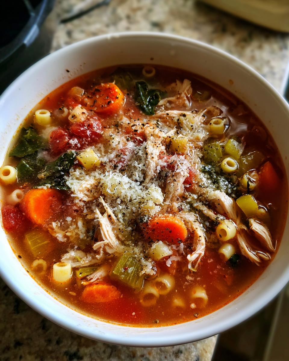 Close-up of a bowl of Sicilian chicken soup featuring shredded chicken, carrots, celery, pasta, and topped with grated Parmesan cheese.