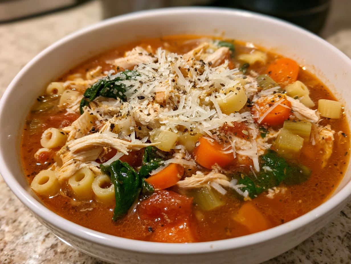 Close-up of a bowl of rich Sicilian chicken soup, featuring shredded chicken, vegetables, pasta, and grated Parmesan cheese.