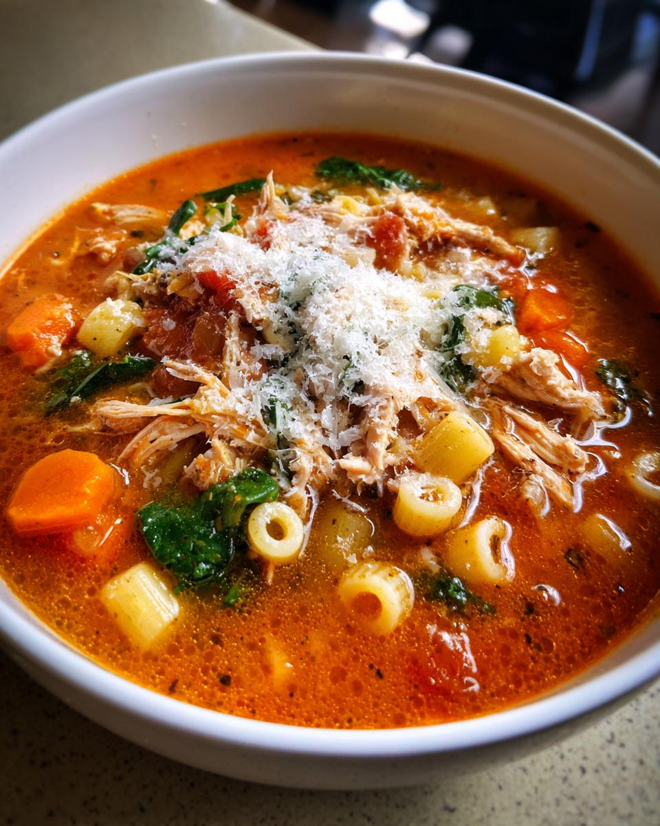 Close-up of a bowl of vibrant Sicilian chicken soup topped with shredded chicken, vegetables, and grated Parmesan cheese.