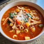 A close-up of a steaming bowl of Sicilian chicken soup filled with shredded chicken, vegetables, pasta, and topped with grated Parmesan cheese.