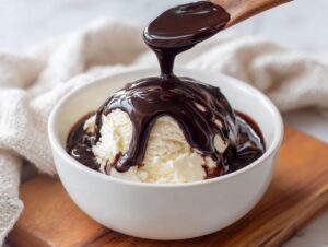 A wooden spoon pours thick, glossy chocolate syrup over a scoop of vanilla ice cream in a white bowl.