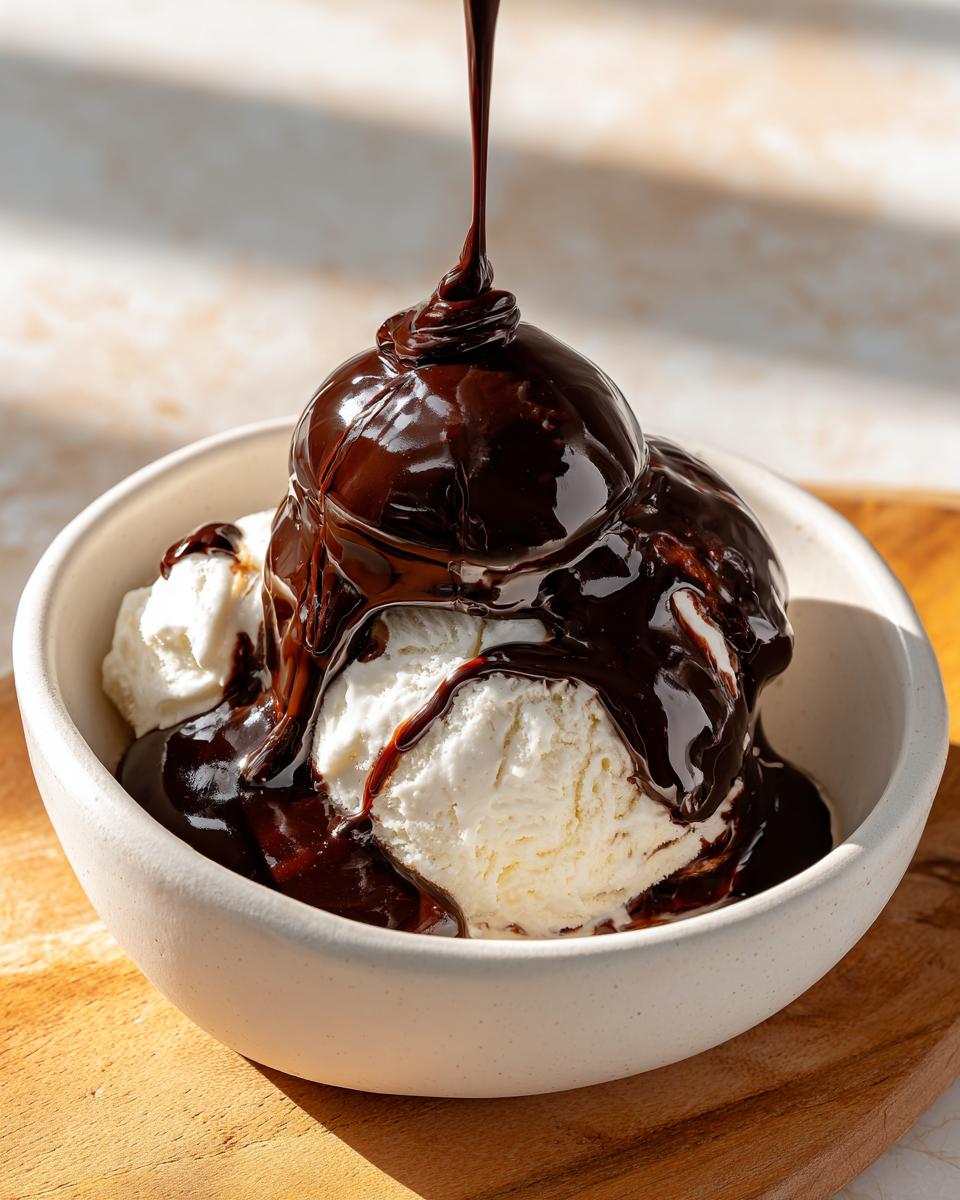 Close-up of rich, dark chocolate syrup being poured over scoops of vanilla ice cream in a white bowl.