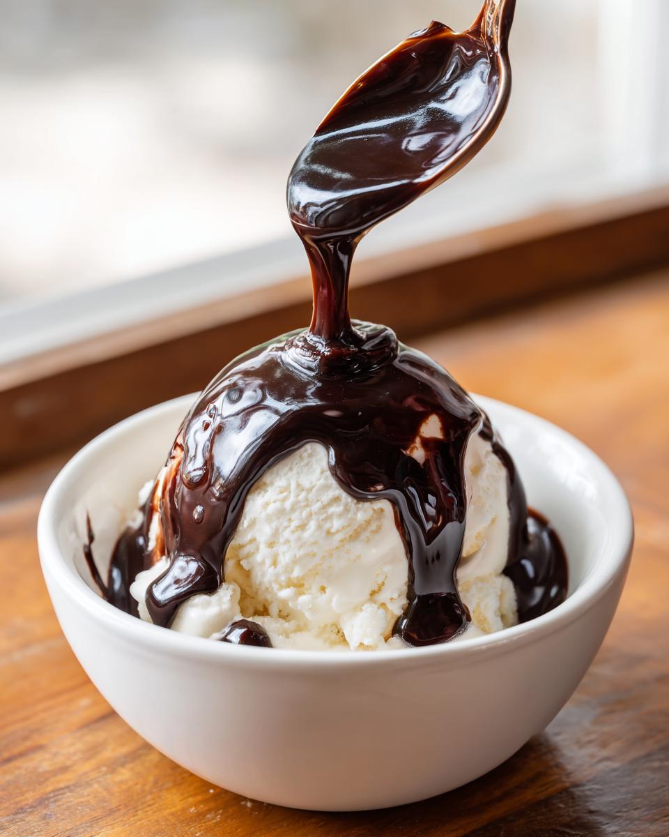 A spoonful of rich, dark chocolate syrup being poured over a scoop of vanilla ice cream in a white bowl.