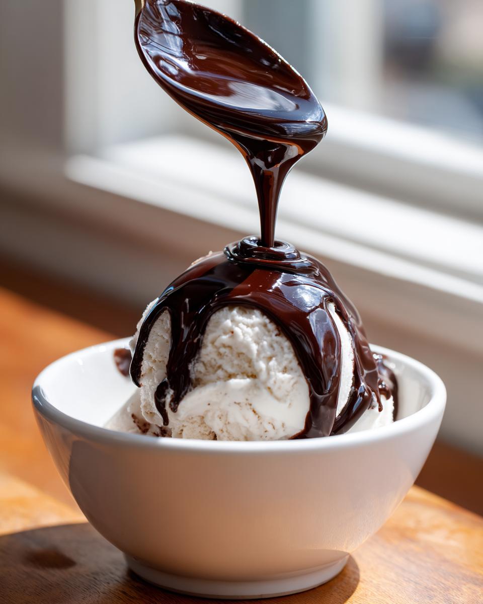 A spoonful of rich, homemade chocolate syrup being poured over a scoop of vanilla ice cream in a white bowl.