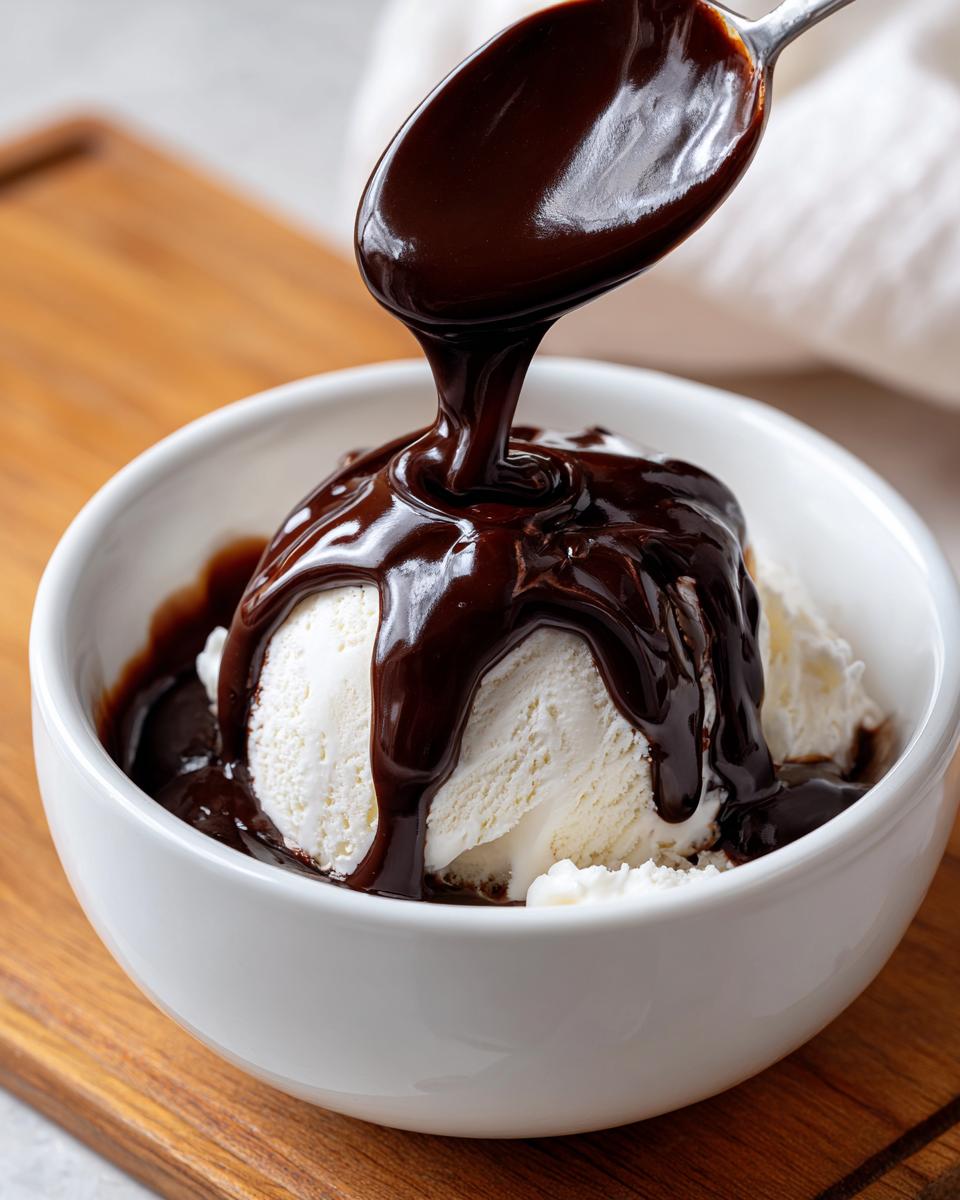 A spoon pours thick, glossy chocolate syrup over scoops of vanilla ice cream in a white bowl.