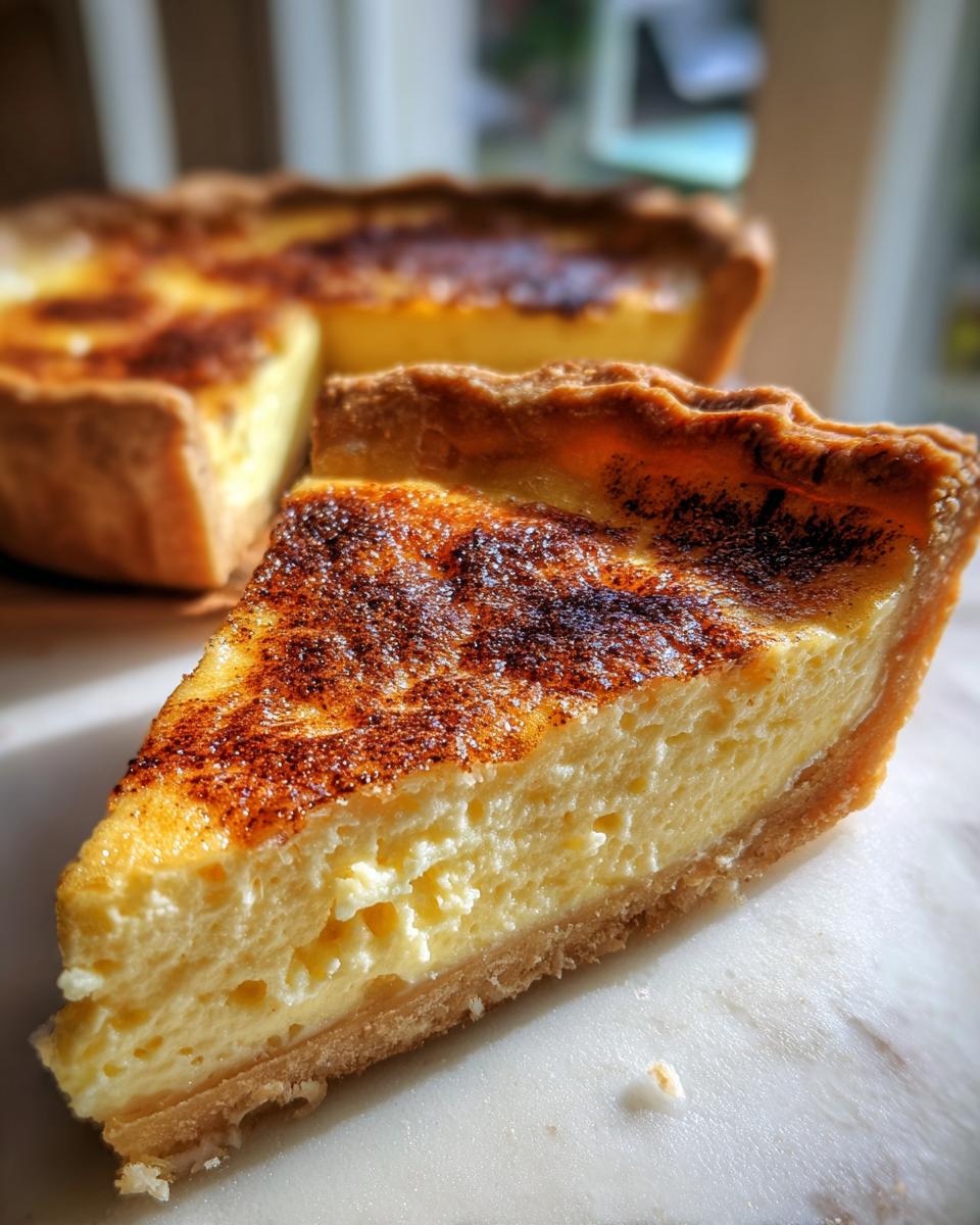 Close-up of a slice of silky custard pie showing the creamy filling and a beautifully torched, caramelized top.