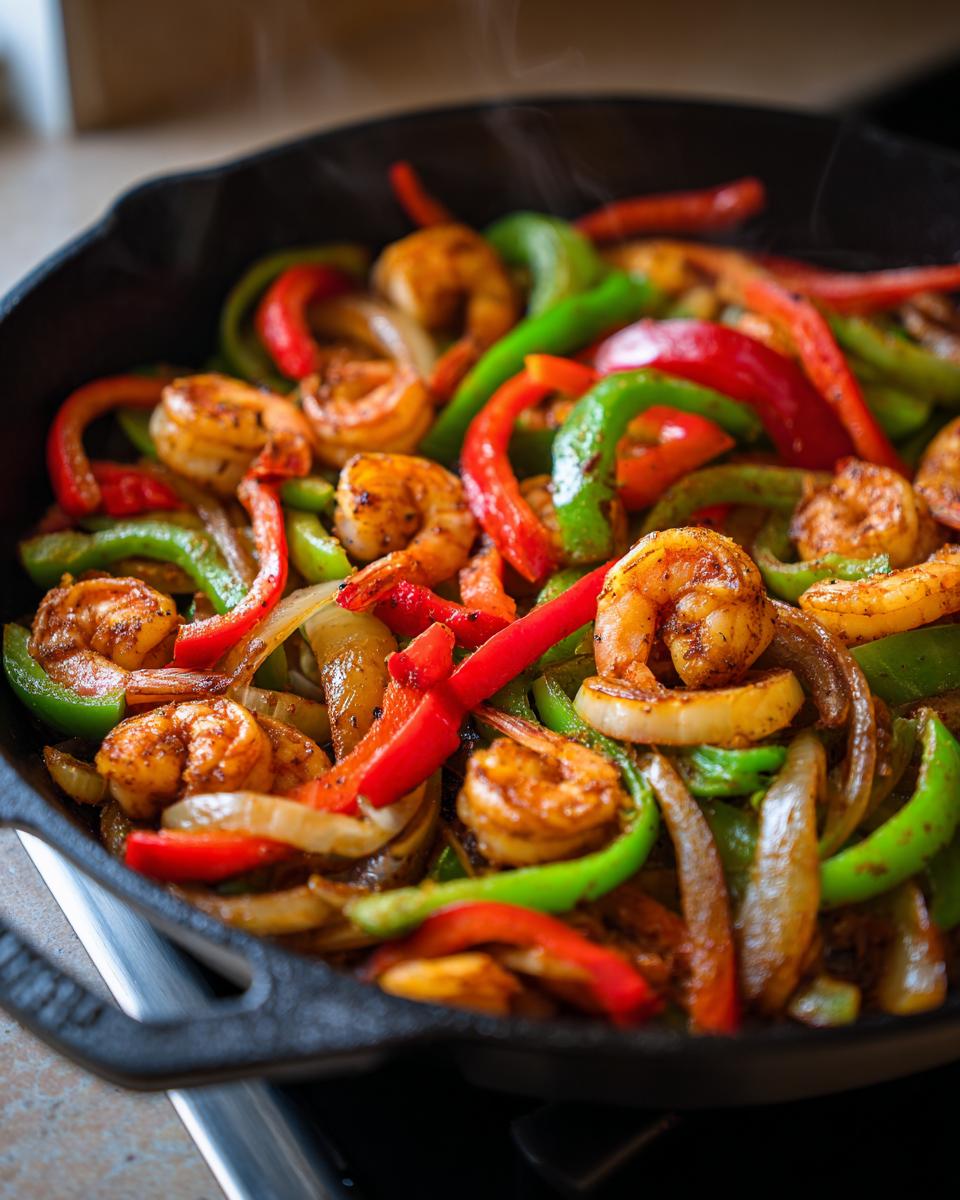 Close-up of sizzling shrimp fajitas with colorful bell peppers and onions cooking in a black cast iron skillet.