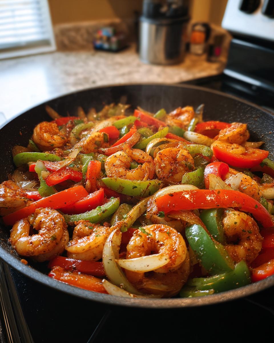 Close-up of seasoned shrimp cooking with red and green bell peppers and onions for shrimp fajitas in a hot skillet.
