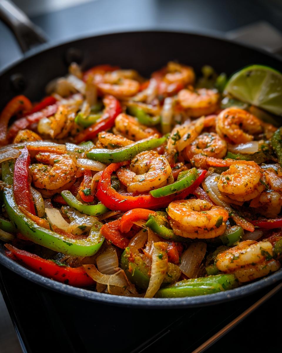 Close-up of seasoned shrimp mixed with sautéed red and green bell peppers and onions for shrimp fajitas in a dark skillet.