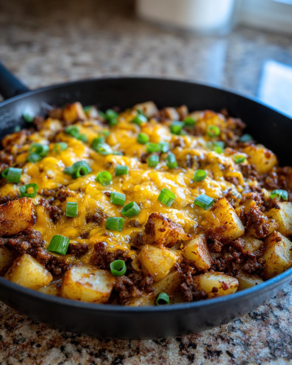 Close-up of Cheesy Taco Potatoes in a black skillet, topped with melted cheddar cheese and chopped green onions.