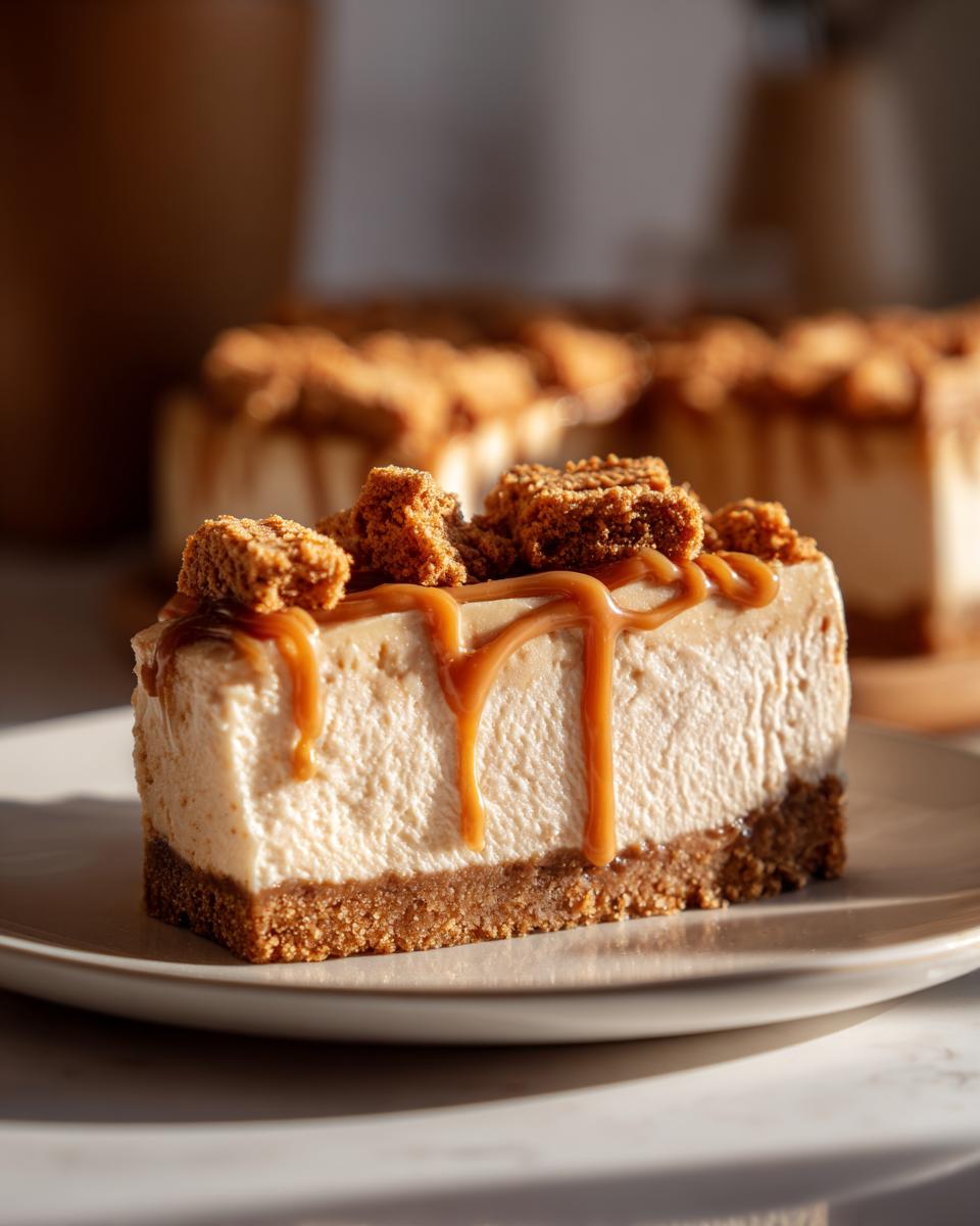 A close-up slice of rich, creamy biscoff cheesecake topped with caramel sauce and crumbled Biscoff cookies.
