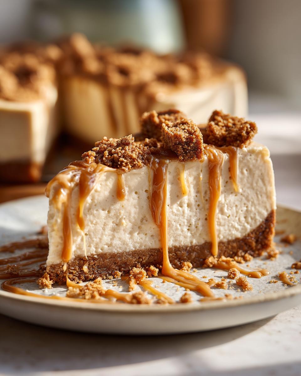 A decadent slice of no-bake biscoff cheesecake topped with caramel sauce and cookie crumbles.