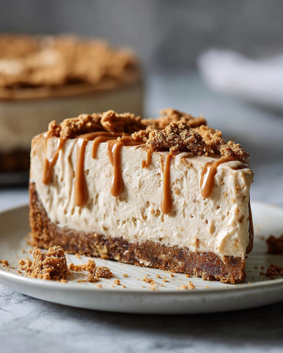 A decadent slice of no-bake biscoff cheesecake topped with caramel drizzle and cookie crumbs.
