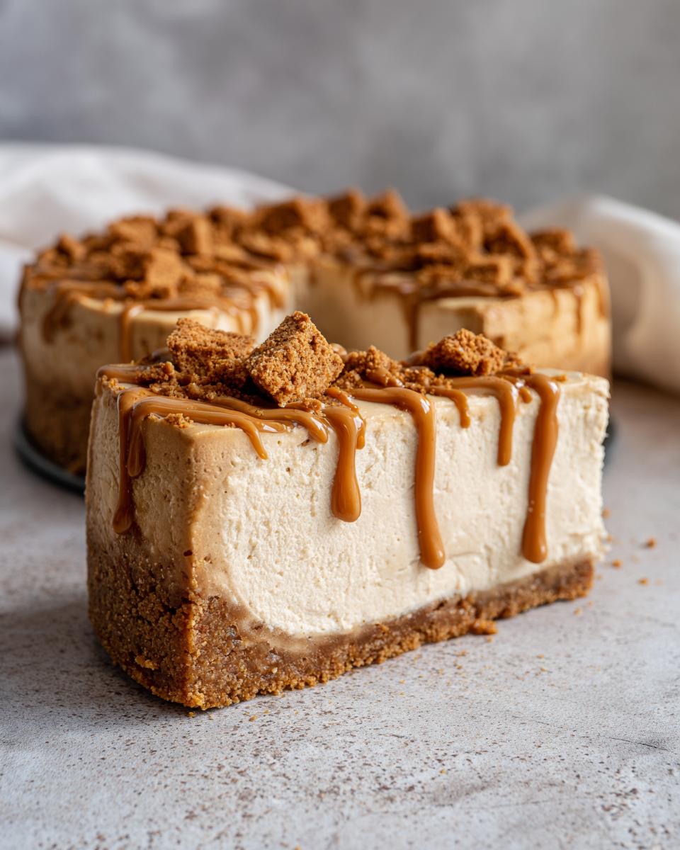 A close-up slice of creamy biscoff cheesecake topped with caramel drizzle and cookie crumbs.