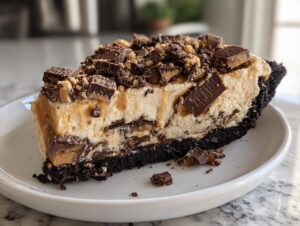 A generous slice of rich butterfinger pie featuring a dark chocolate crust and creamy filling topped with chopped candy pieces.