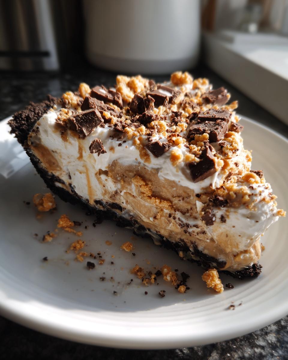 A generous slice of rich butterfinger pie with a chocolate crust, creamy filling, whipped topping, and Butterfinger candy pieces.