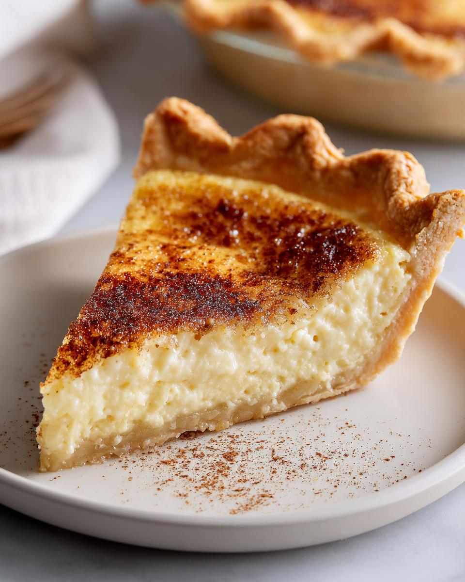 A close-up of a slice of creamy buttermilk pie with a deeply browned, spiced top, resting on a white plate.