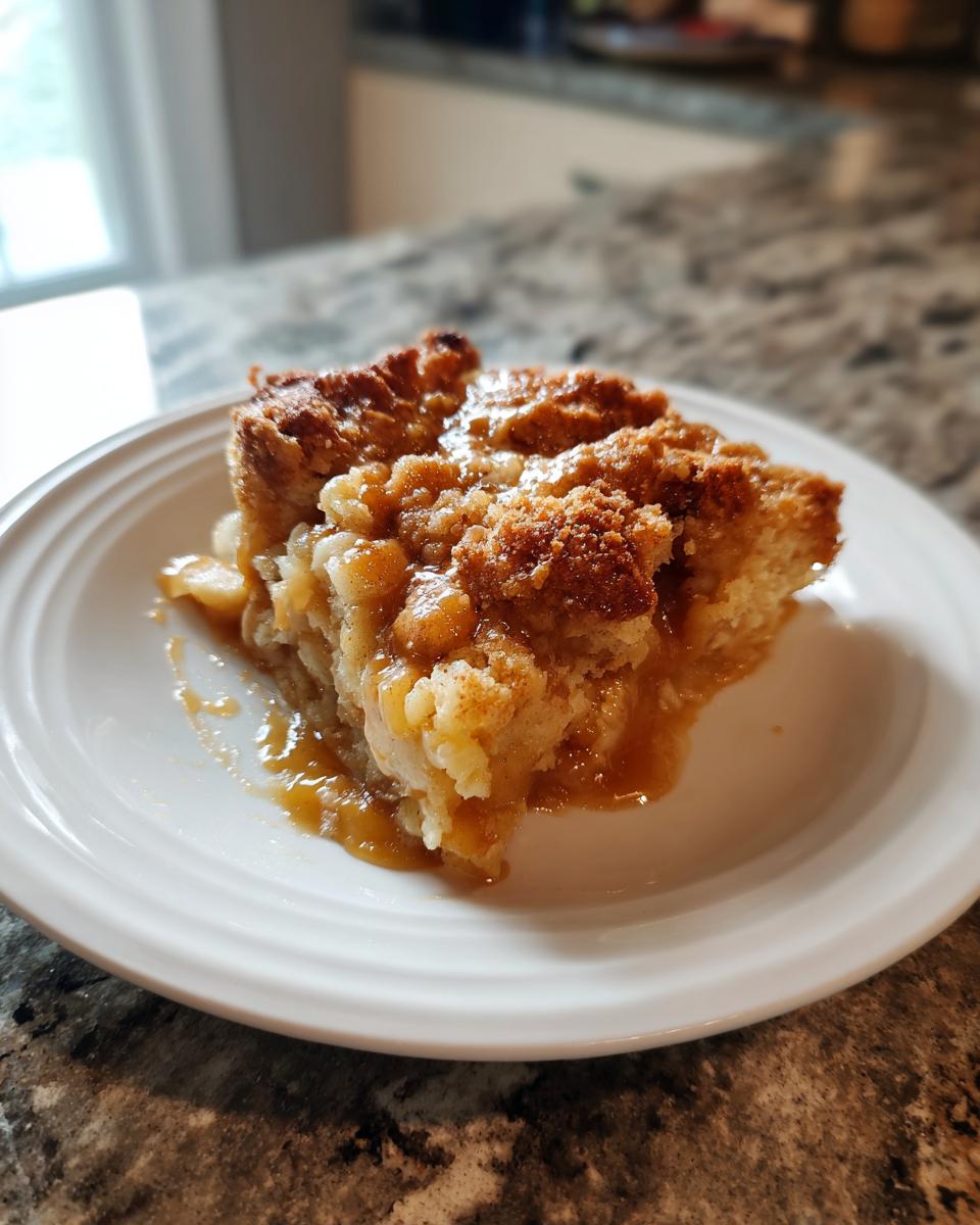 A generous slice of warm caramel apple dump cake served on a white plate, glistening with caramel sauce.